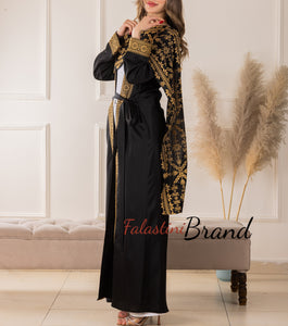 Trending Palestinian Black and Golden Embroidered Open Abaya with Attached Embroidered Drape