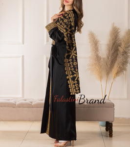 Trending Palestinian Black and Golden Embroidered Open Abaya with Attached Embroidered Drape