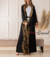 Trending Palestinian Black and Golden Embroidered Open Abaya with Attached Embroidered Drape