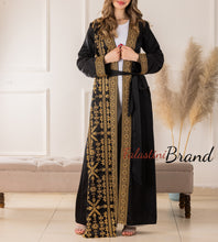 Trending Palestinian Black and Golden Embroidered Open Abaya with Attached Embroidered Drape