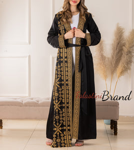 Trending Palestinian Black and Golden Embroidered Open Abaya with Attached Embroidered Drape