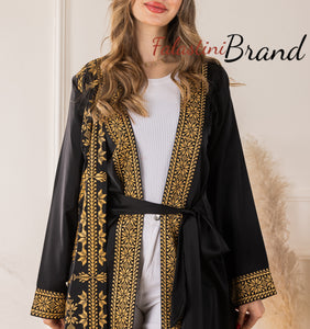 Trending Palestinian Black and Golden Embroidered Open Abaya with Attached Embroidered Drape