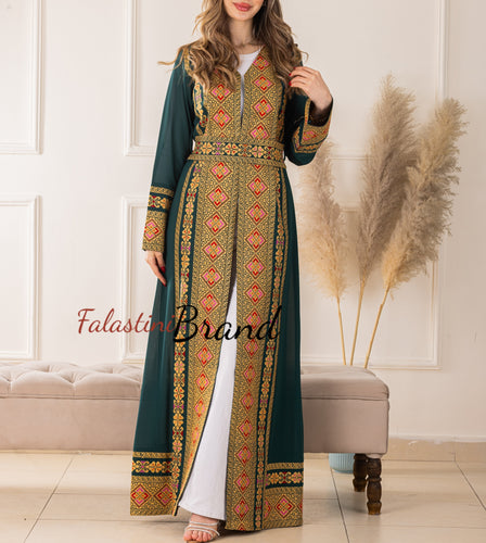 Elegant Palestinian Green Chiffon Embroidered Open Abaya Kaftan Long Sleeve With Stylish Embroidery