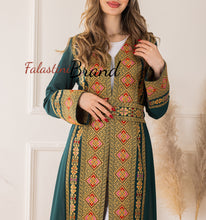 Elegant Palestinian Green Chiffon Embroidered Open Abaya Kaftan Long Sleeve With Stylish Embroidery