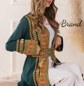 Elegant Palestinian Green Chiffon Embroidered Open Abaya Kaftan Long Sleeve With Stylish Embroidery