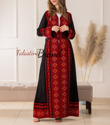 Elegant Palestinian Black Chiffon Embroidered Open Abaya Kaftan Long Sleeve With Stylish Embroidery