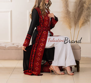 Elegant Palestinian Black Chiffon Embroidered Open Abaya Kaftan Long Sleeve With Stylish Embroidery