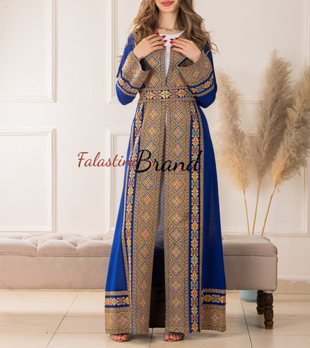 Elegant Palestinian Blue Chiffon Embroidered Open Abaya Kaftan Long Sleeve With Stylish Embroidery