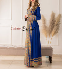 Elegant Palestinian Blue Chiffon Embroidered Open Abaya Kaftan Long Sleeve With Stylish Embroidery