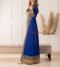 Elegant Palestinian Blue Chiffon Embroidered Open Abaya Kaftan Long Sleeve With Stylish Embroidery