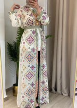 NAQSH Off-white and Colorful Georgette Diamond Embroidered Open Abaya Kaftan