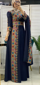 Elegant Navy and Beige Shoulder Details Embroidered Dress