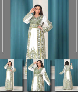 Fabulous Palestinian Embroidered White Thobe Dress with Green Densed Amazing Embroidery