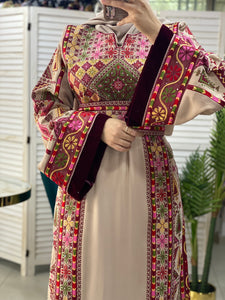 Charming Palestinian Embroidered Beige And Red Thobe Dress Palestinian Embroidery