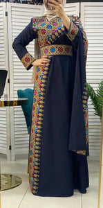 Elegant Navy and Beige Shoulder Details Embroidered Dress