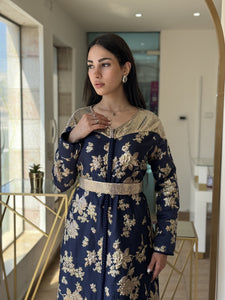 Navy Blue Brocade Caftan with Golden Floral Designs