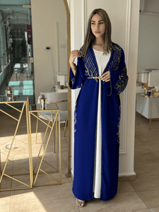 Elegant Navy Blue Handmade Moroccan Open-Front Djellaba with Belt