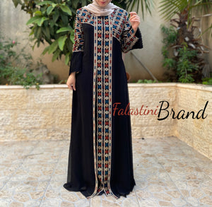 Soft Stunning Palestinian Embroidered Zipper Detail Abaya Asymmetric Embroidery