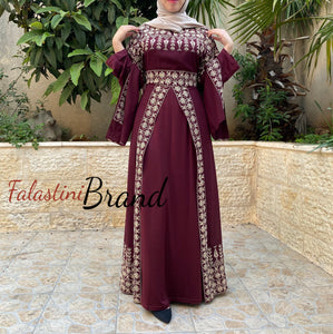 Burgundy Elegant Split Skirt Two Pieces Thob Dress with Golden Embroidery