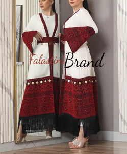 Stylish Long One Size White and Red Palestinian Embroidered Abaya With Coins