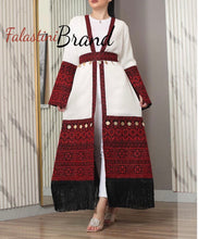 Stylish Long One Size White and Red Palestinian Embroidered Abaya With Coins