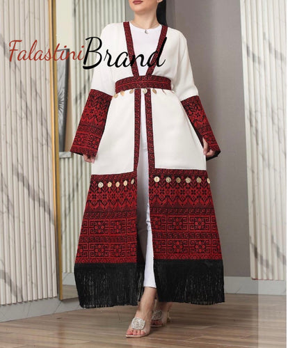 Stylish Long One Size White and Red Palestinian Embroidered Abaya With Coins