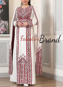 Stunning White And Red Royal Sleeve Palestinian Embroidered Dress