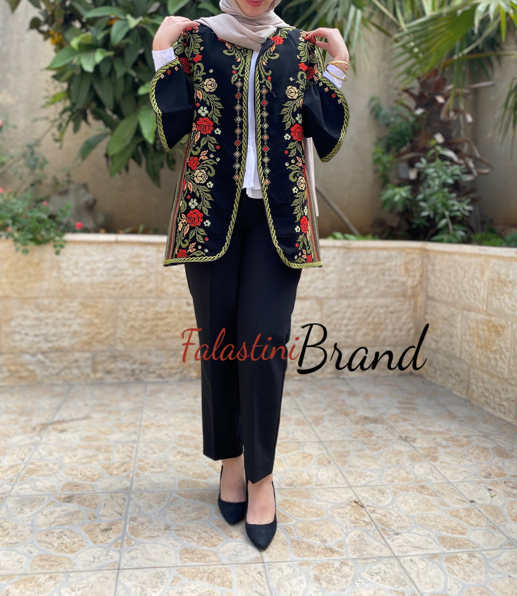 Elegant Palestinian Black And Green Embroidered Jacket