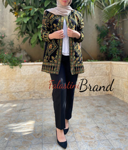 Elegant Palestinian Black And Green Embroidered Jacket