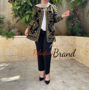 Elegant Palestinian Black And Green Embroidered Jacket