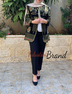 Elegant Palestinian Black And Green Embroidered Jacket