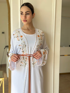 Elegant White Handmade Moroccan Open-Front Djellaba with Belt