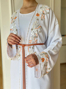 Elegant White Handmade Moroccan Open-Front Djellaba with Belt