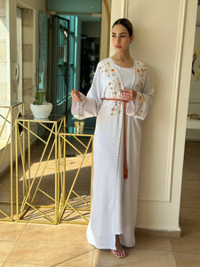 Elegant White Handmade Moroccan Open-Front Djellaba with Belt