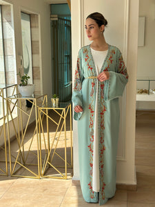 Elegant Cyan Handmade Moroccan Open-Front Djellaba with Belt