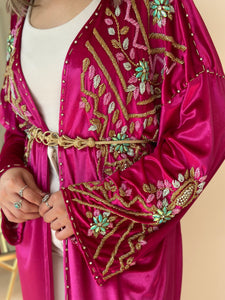 Elegant Fuchsia Handmade Moroccan Open-Front Djellaba with Belt