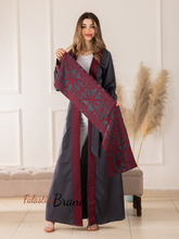 Trending Palestinian Grey Satin Embroidered Open Abaya with Attached Embroidered Drape