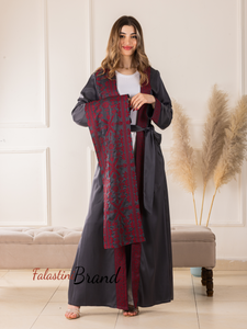 Trending Palestinian Grey Satin Embroidered Open Abaya with Attached Embroidered Drape