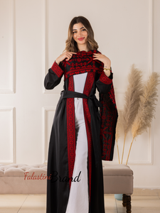 Trending Palestinian Black Satin Embroidered Open Abaya with Attached Embroidered Drape