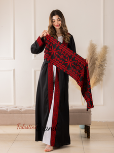 Trending Palestinian Black Satin Embroidered Open Abaya with Attached Embroidered Drape