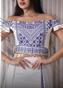 White and Blue Off-Shoulder Palestinian Embroidered Satin Dress with Coins Details