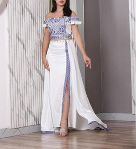 White and Blue Off-Shoulder Palestinian Embroidered Satin Dress with Coins Details