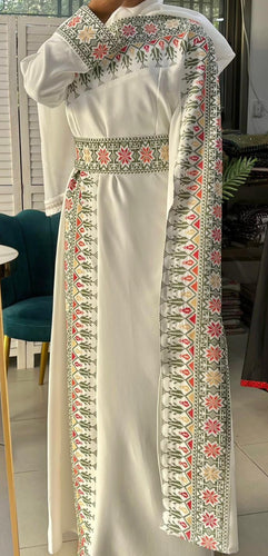 Elegant White And Dark Green With Shoulder Details Embroidered Dress