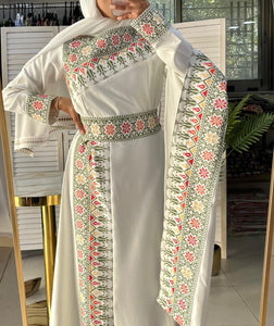 Elegant White And Dark Green With Shoulder Details Embroidered Dress