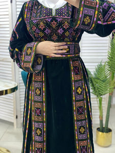 Velvet Dark Green Palestinian Thobe Dress with Rhinestones