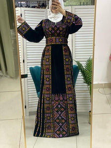 Velvet Dark Green Palestinian Thobe Dress with Rhinestones