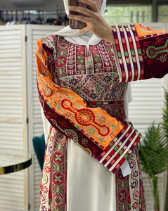 Very Unique White Palestinian Embroidered Dress with Satin and Manajil and Qasab Embroidery Details