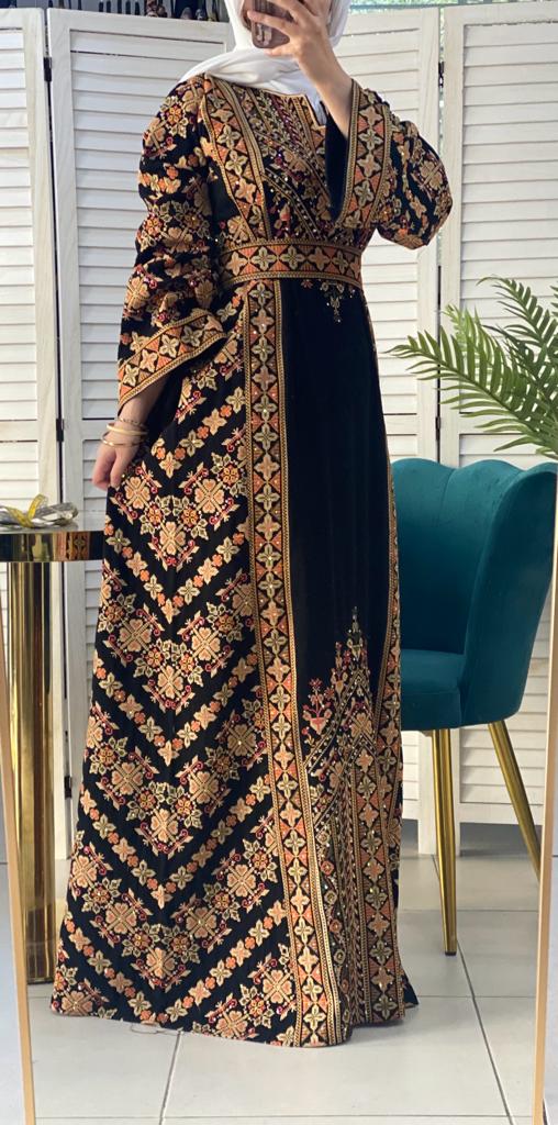 Amazing Black & Golden Palestinian Embroidered Thobe Dress With Astonishing Embroidery