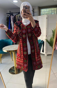 Long Red and Colorful Flowers Embroidered Jacket