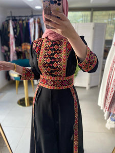 Stylish Black And Beige Embroidered Jumpsuit Dress with Palestinian Embroidery